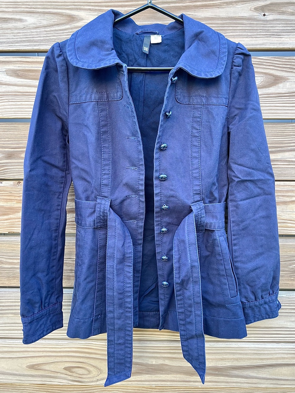 H&M Sweden Blue Jacket 100% Cotton Button Down Belted Women’s Size EU 36 US SZ S
